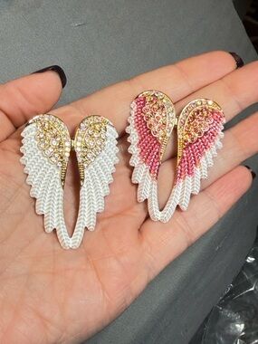 Angel Wing Brooch Set 2 Rhinestone Enamel Wings Pink White Gold